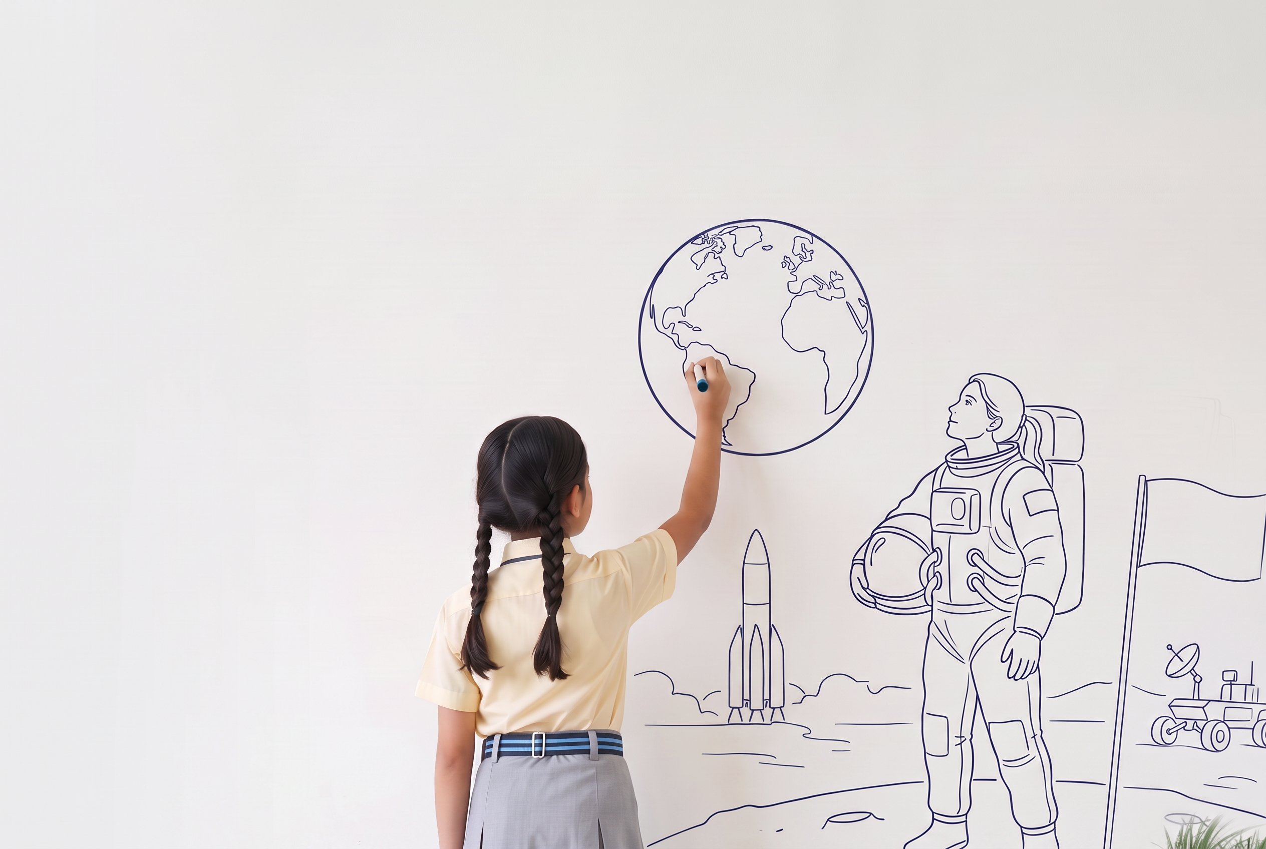 A child drawing her future as an astronaut on a white wall