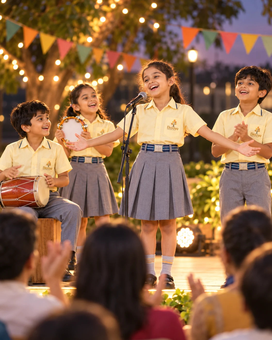 A watercolour open-air stage with bunting and small fingerprint children celebrating